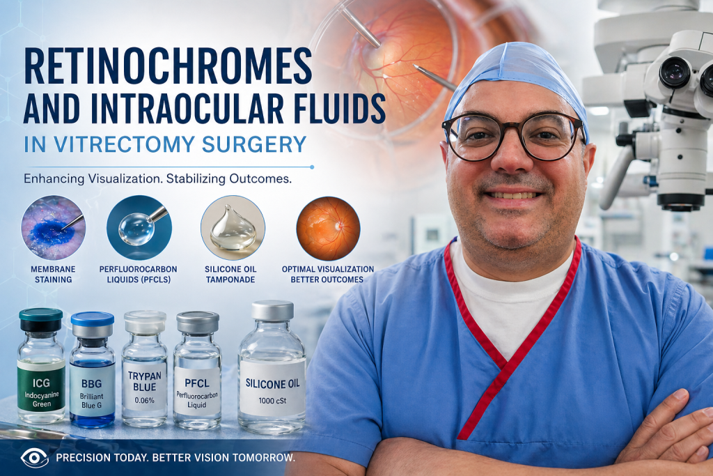 Vitrectomy surgery, retinochromes, vital dyes ophthalmology, silicone oil tamponade, perfluorocarbon liquids PFCL, ILMP, RD sugery