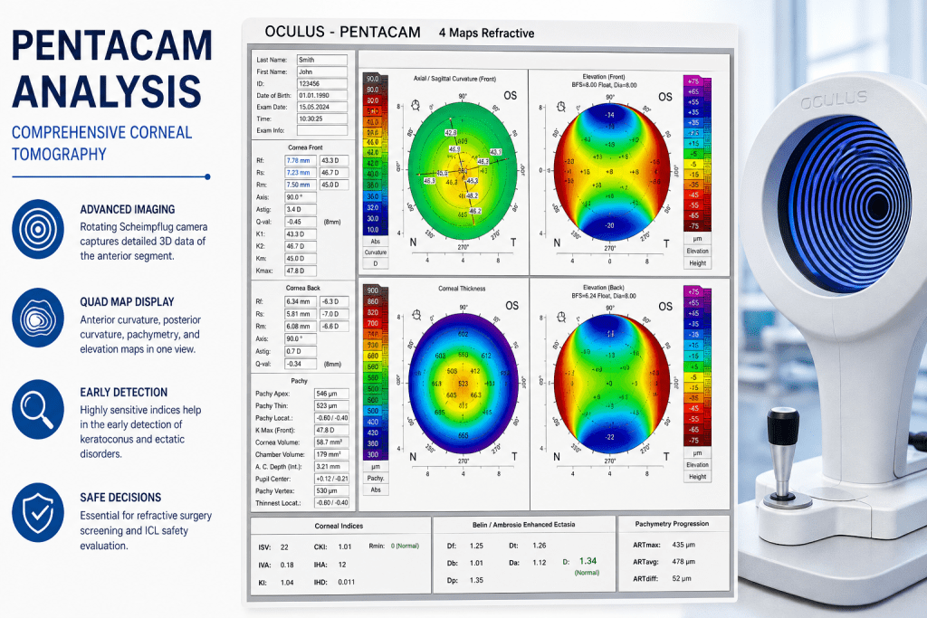 Pentacam analysis explained: interpret corneal topography, detect keratoconus early, and master Quad Map, BAD display, and pachymetry.