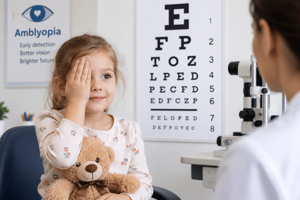 Recalcitrant amblyopia mistaken for optic nerve glioma, retinoschisis, ocular albinism, myelinated nerve fibers, and high refractive