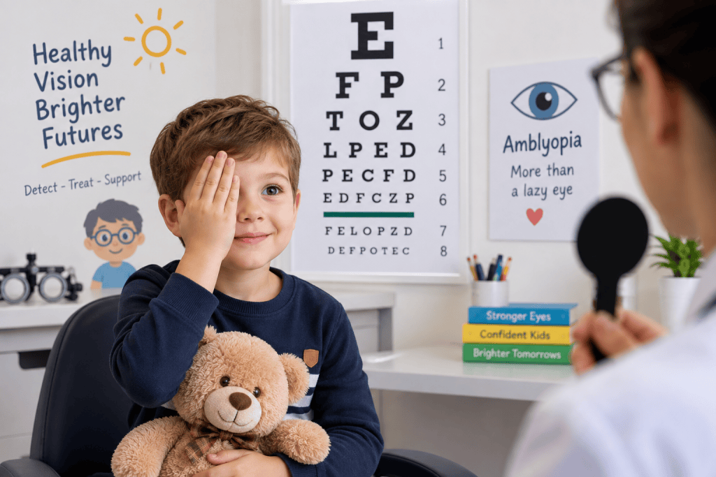 Recalcitrant amblyopia mistaken for optic nerve glioma, retinoschisis, ocular albinism, myelinated nerve fibers, and high refractive